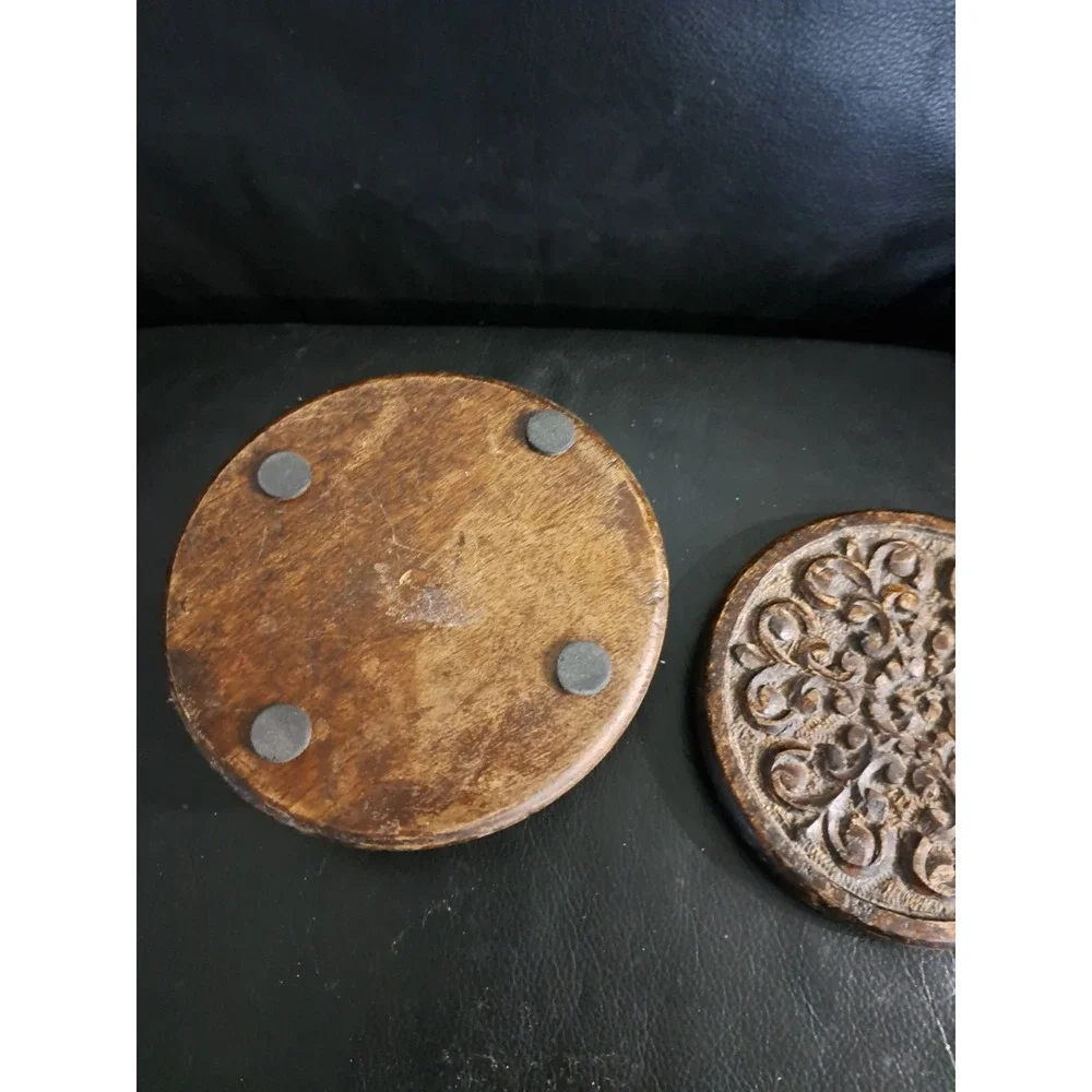Vintage Covered Wood Box Trinket Round Hand Carved Lidded‎ Victorian